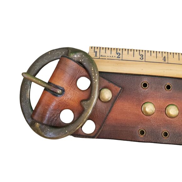 Handmade Studded Leather Wide Leather Belt Western Belt Antique Brass Sz 36 main image 6